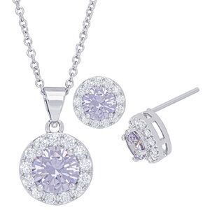 NWT Cubic Zirconia Round Halo Pendant and Earrings Set in Fine Silver Plate.